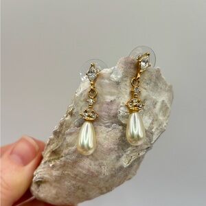 Gold Tone and Faux Pearl Drop Earrings with Rhinestones